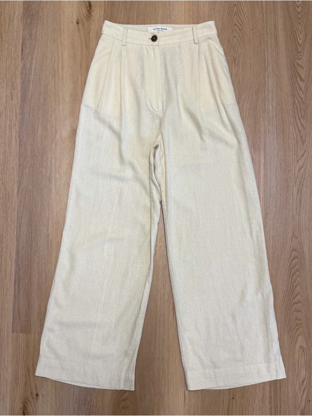 Aylin Koenig Sand Beige Linen Blend Pleated High Waist Wide Leg Wanda Pants XS
